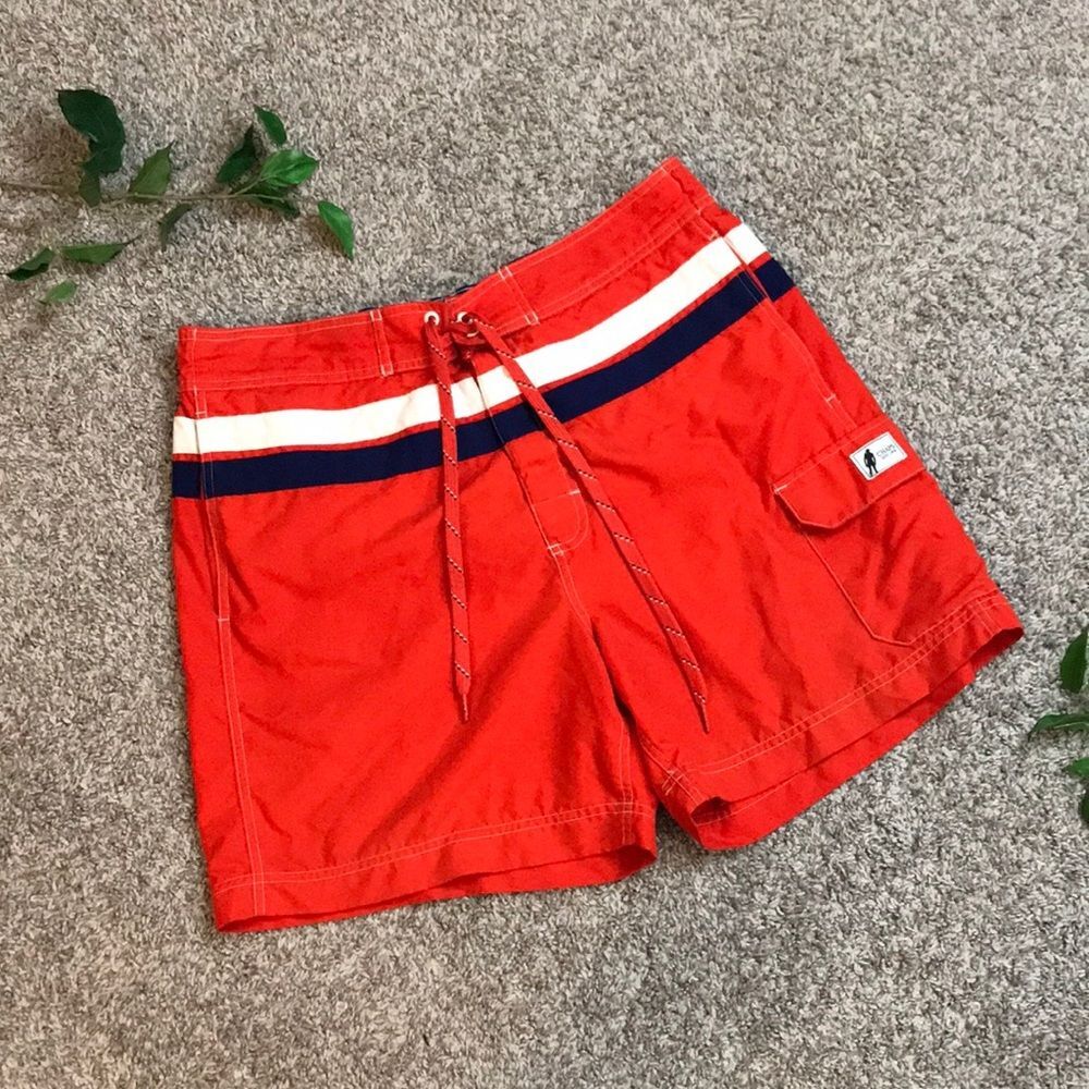Chaps Mens LG Red Navy Blue White Swim Trunks Board Shorts With Pockets Swimsuit